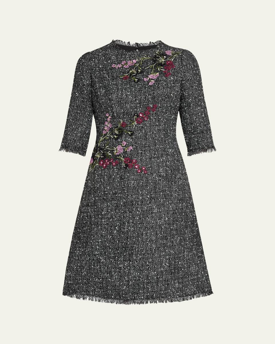 Fringe-Trim Floral Applique Tweed Dress